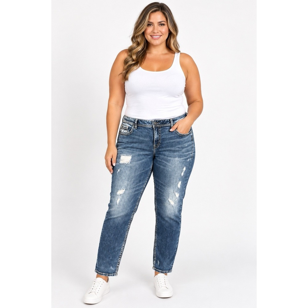 Silver Jeans Boyfriend Jeans Womens 20 29L Super Stretch Distressed Blue Denim